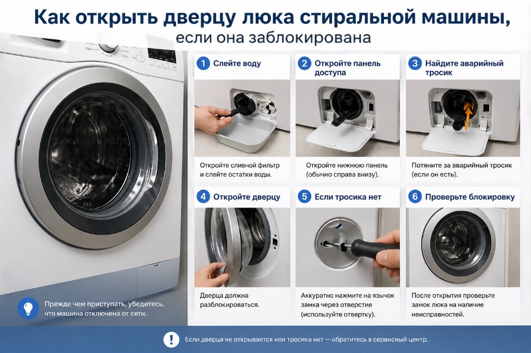 Как открыть дверцу люка стиральной машины, если она заблокирована